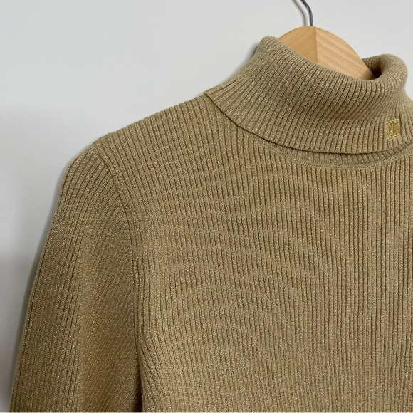 Lauren Ralph Lauren Metallic Gold Ribbed Turtleneck Sweater quiet luxury - Picture 9 of 11
